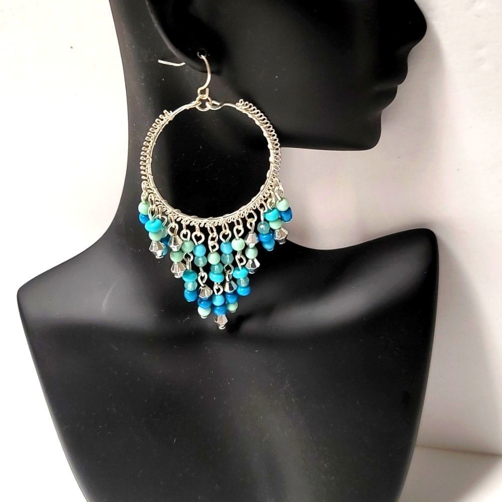 Silvertone And Blue Earrings